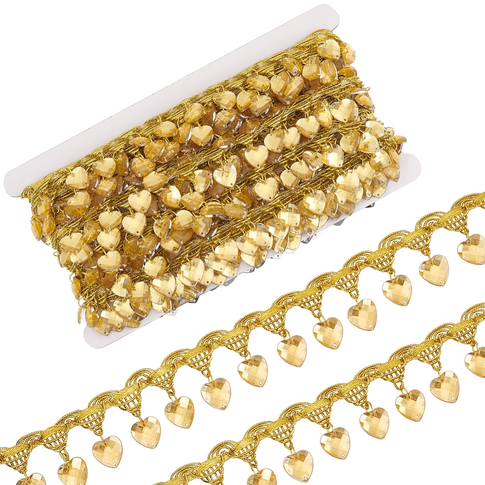 10yards Polyester Lace Ribbon with Plastic Charms Tassel Wave Edge Lace Trim Clothes Accessories Champagne Yellow Heart 1-3/8 inch(35mm)