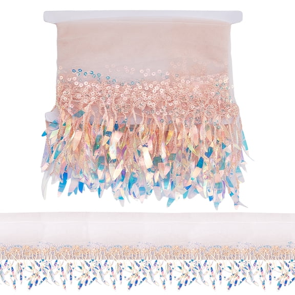 10yards Polyester Tassel Lace Ribbon Fringe Ribbon with Laser Sequins Clothes Decoration PeachPuff 11-3/8 inch(290mm)