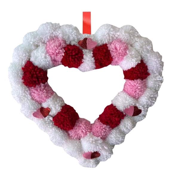 11.02 Inches Heart Shaped Wreath Ornament Artificial 3 Color Pom-Pom Flower Door Hanging Wreath for Wedding Valentine's Floral Decoration Valentine's Wreaths for Galentines Day Decor(Red Pink White)