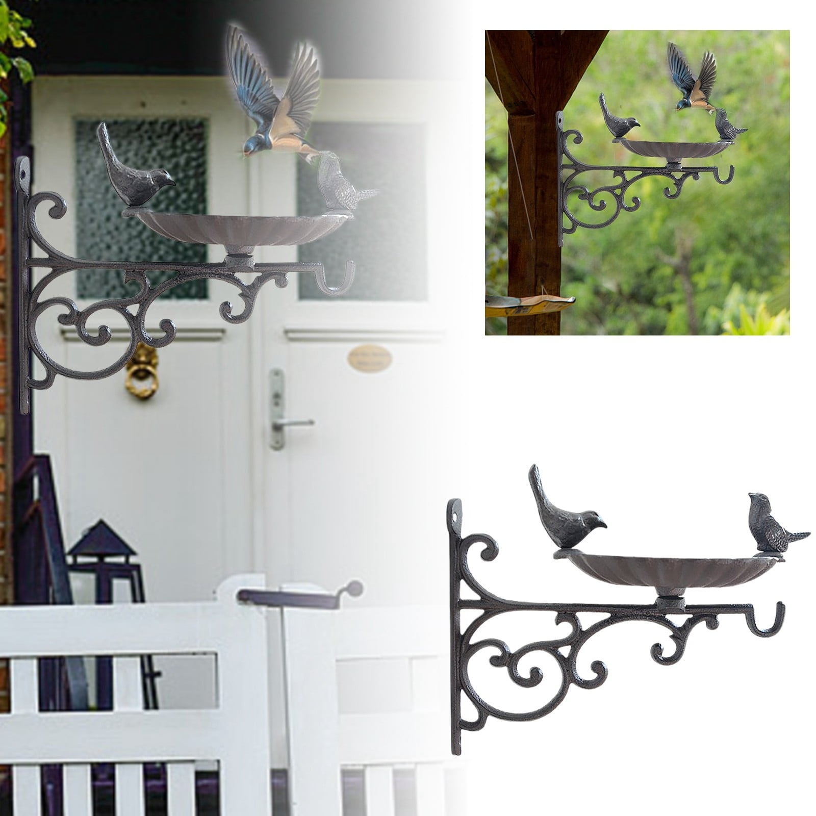 11.02in Cast Iron Wall-Mounted Bird Feeder & Bath, Vintage Decorative Wild Bird Station, Dual-Use Feeder with Hook for Garden & Patio