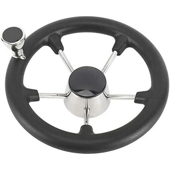 11-1/2 Inch Stainless Steel 5 Spoke Boat Marine Destroyer Steering Wheel with Black PU Foam (With Knob)$$Watercraft