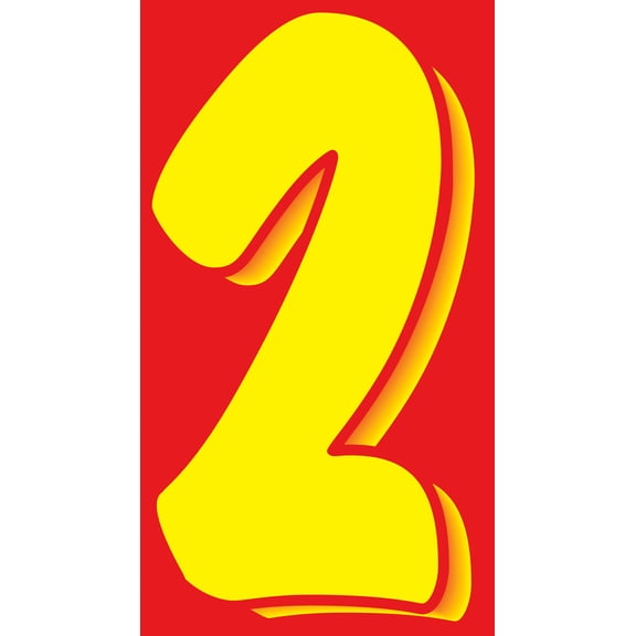 11 1/2" Windshield Numbers And Symbols - Yellow/Red - "2" - 6 1/2W x 11 1/2H - Pack of 12