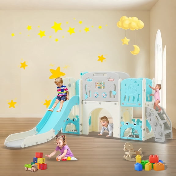 11 in 1 Toddler Slide, Kids Slide for Toddler Age 1-3 with Basketball Hoop, Kids Slide Playset Structure, Arch Tunnel and Telescope, Toy Storage Organizer for Toddlers, Kids Climbers Playground,Blue