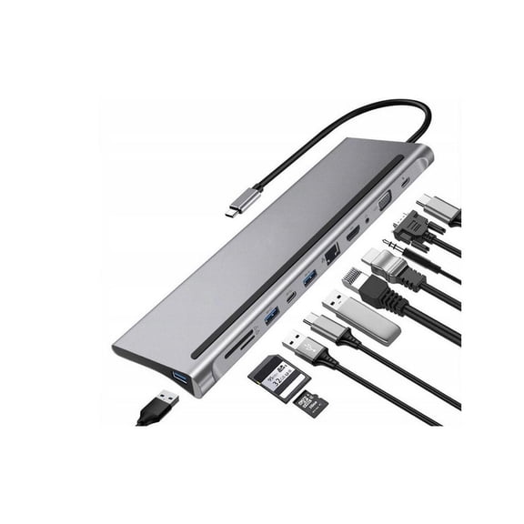 11 in 1 Type C Adapter, USB Type C to HDMI 3 x USB 3.0 USB C TF-SD Reader, VGA, RJ45 LAN, 3.5 Audio PD For for Notebook Macbook HP DELL XPS Surface Lenovo