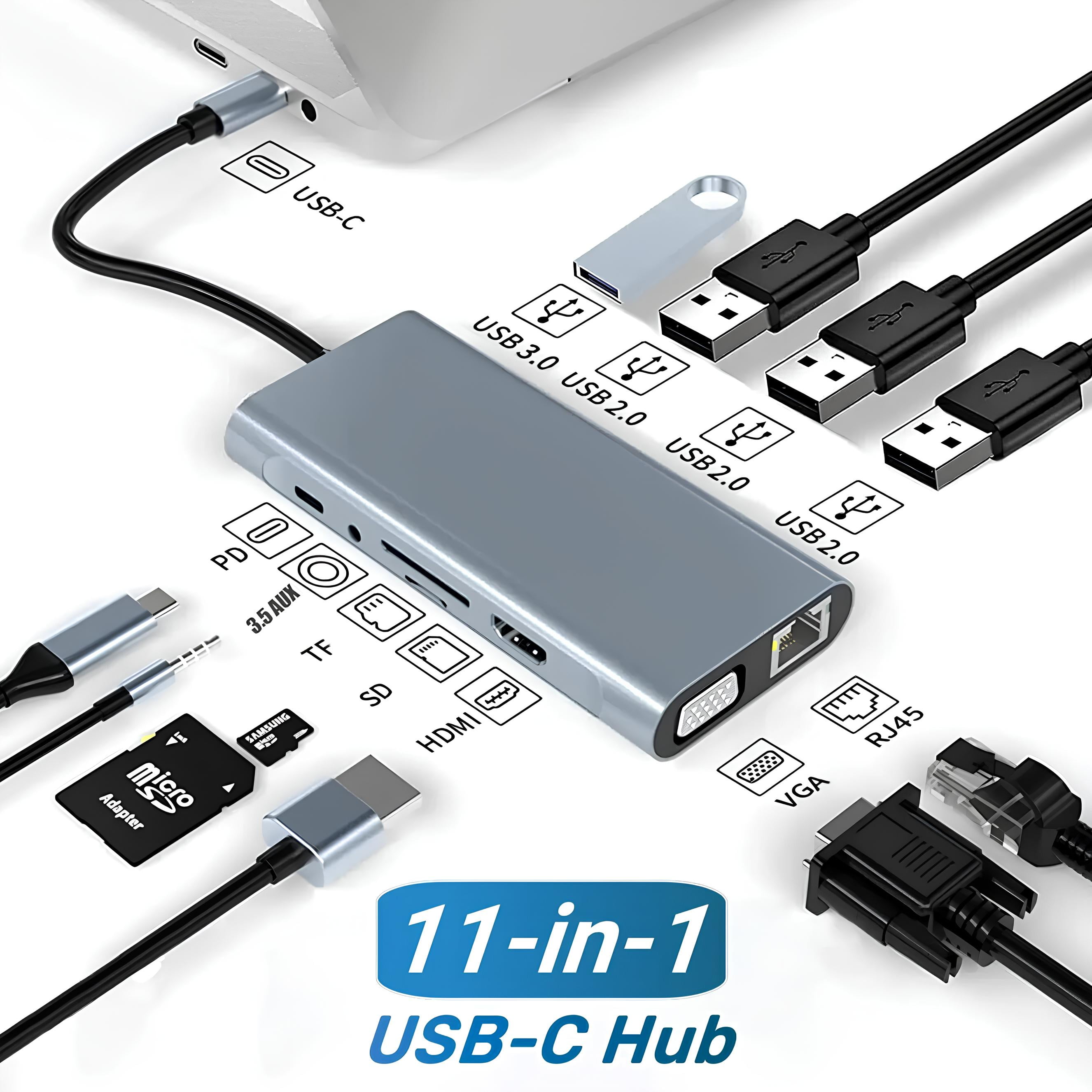 11 in 1 USB C Hub, USB C Adapter with 4K HDMI, Type C PD100W, 1USB 3.0 and 3USB 2.0, VGA, RJ45 Ethernet, SD/TF Card Reader, 3.5mm Aux, Docking Station for MacBook Pro/Air