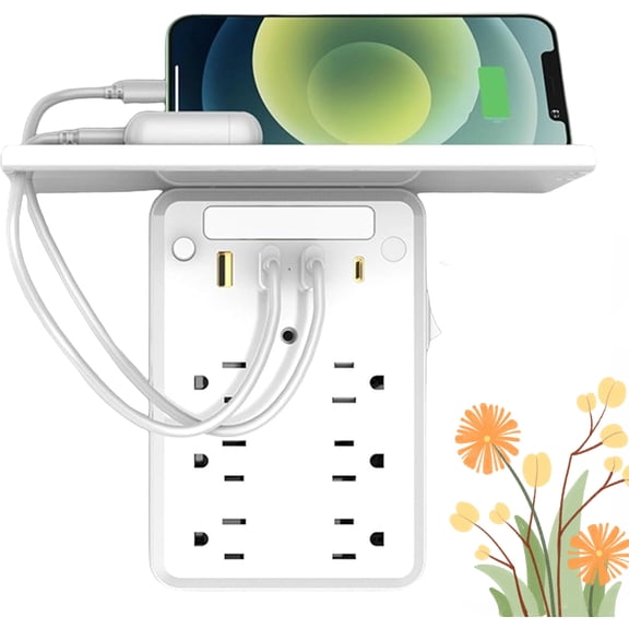 11 in 1 Wall Outlet Extender with Shelf Night, Surge Protector Power Strip with USB Ports, Flat Plug Power Strip, Multi Plug Wall Outlet for Home & Office & Travel Outdoor (1PC)