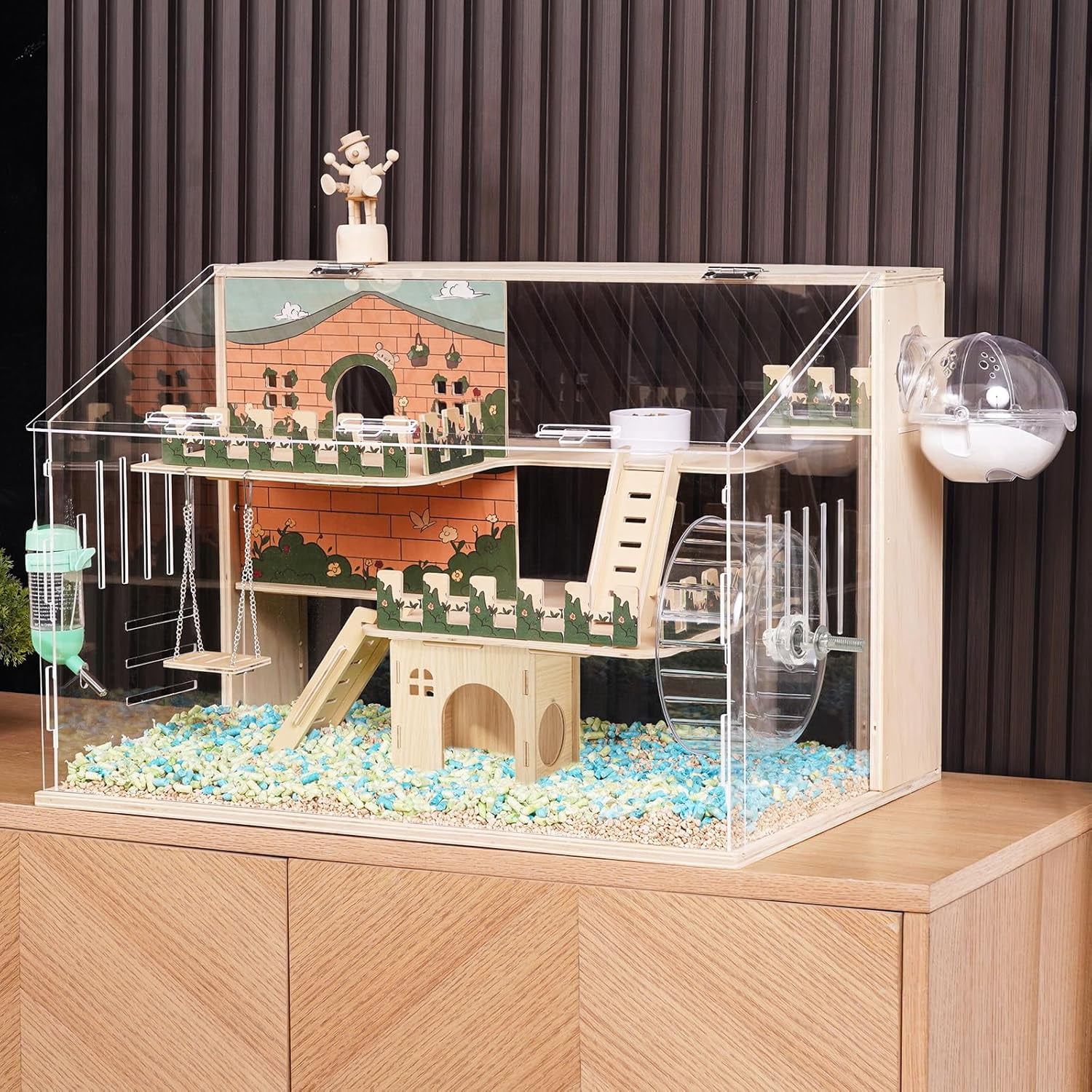 11 in 1 Wooden Hamster Cage with All Accessories, 15.8 Inch 3-Layer Dwarf Hamster Cage Acrylic,Small Animal Cages, Pastoral Style Mouse Cage for Pet Mice, Hedgehog, with Stairs, Fences and Swing