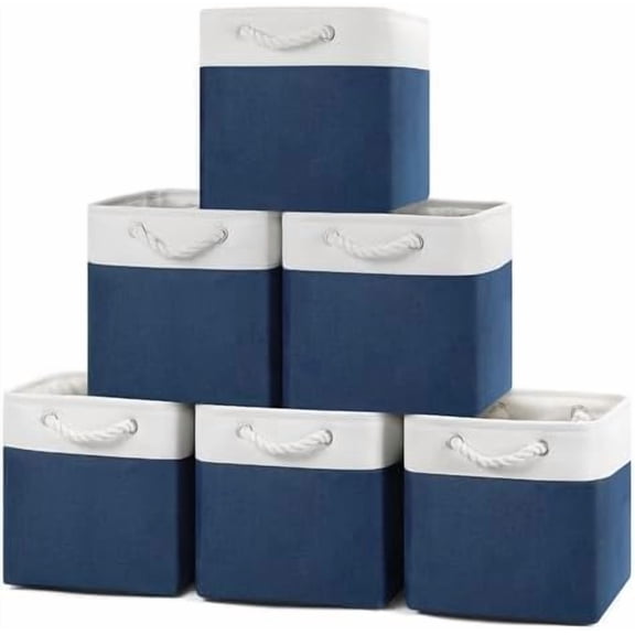 11×11×11 Storage Cubes, Collapsible Storage Bins Organizer for Closet, Fabric Storage Box with Cotton Rope Handles, Decorative Storage Baskets for Shelves, Nursery, Toy, set of 6 - White/Blue
