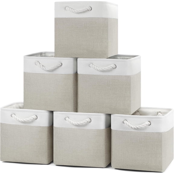 1111 Collapsible Fabric Storage Cubes with Cotton Rope Handles  Set of 6, White and Coffee