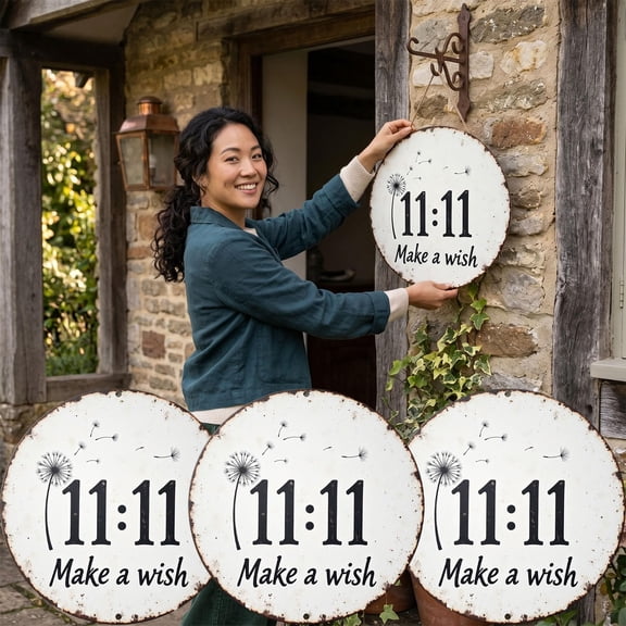 11:11 Make a Wish Sign - Circular Rustic Metal Sign with Dandelion 11:11 Make a Wish Design for Home Porch, Bedroom, Patio