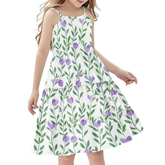 11-12 Years Dress for Girls Kids Cotton Sleeveless Print Flower Dresses Cute Pattern Outfit Summer Spring Fashion Clothes School Birthday Party Toddler Age 3-14