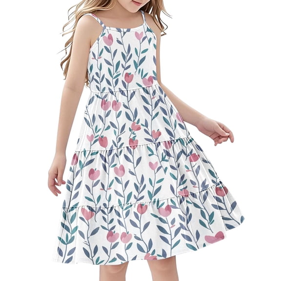 11-12 Years Dress for Girls Kids Cotton Sleeveless Print Flower Dresses Cute Pattern Outfit Summer Spring Fashion Clothes School Birthday Party Toddler Age 3-14