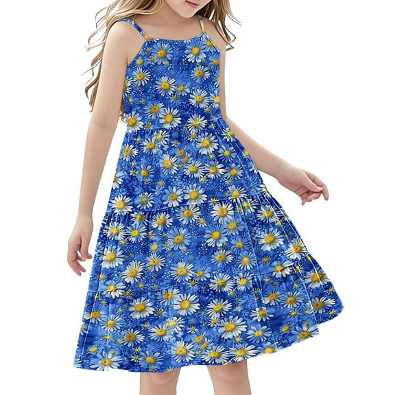 11-12 Years Girls' Summer Floral Dress Kids Sleeveless Square Neck Smocked Flowy Dresses 5-14 Years