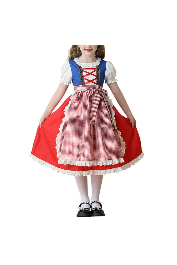 11-12 Years Oktoberfest Costume for Girls Kids Teens Traditional German Bavarian Dirndl Dress with Maid Apron Halloween Outfit