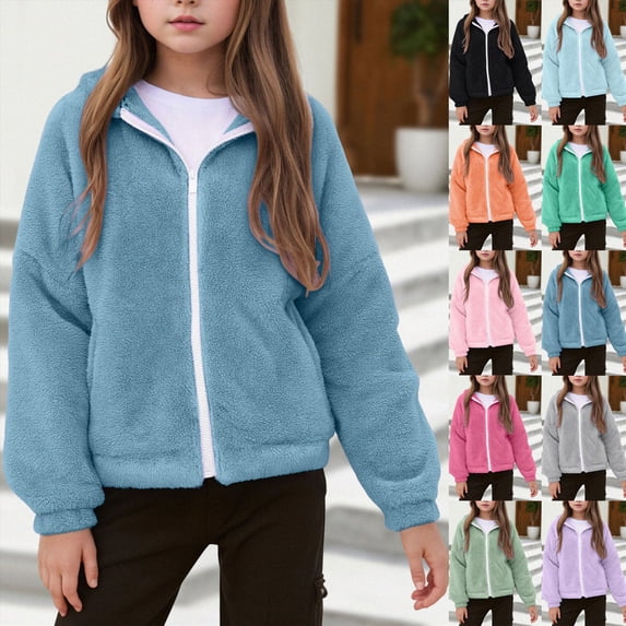 11-12 Years Teen Girls Fuzzy Outerwear Jacket Kids Jackets Zip Up Hoodie Warm Sweatshirt With Pockets Running Hoodie Blue Sports Hoodie