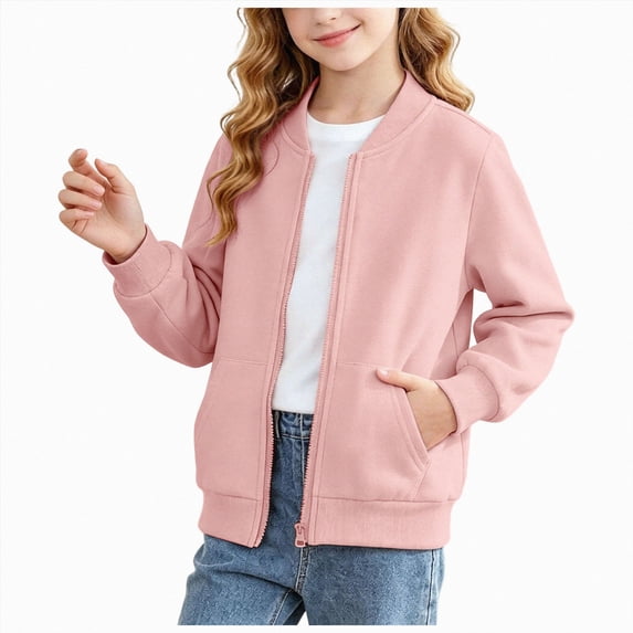 11-12 Years Toddler Girls Full Zip Jacket Mock Neck Solid Color Pocket