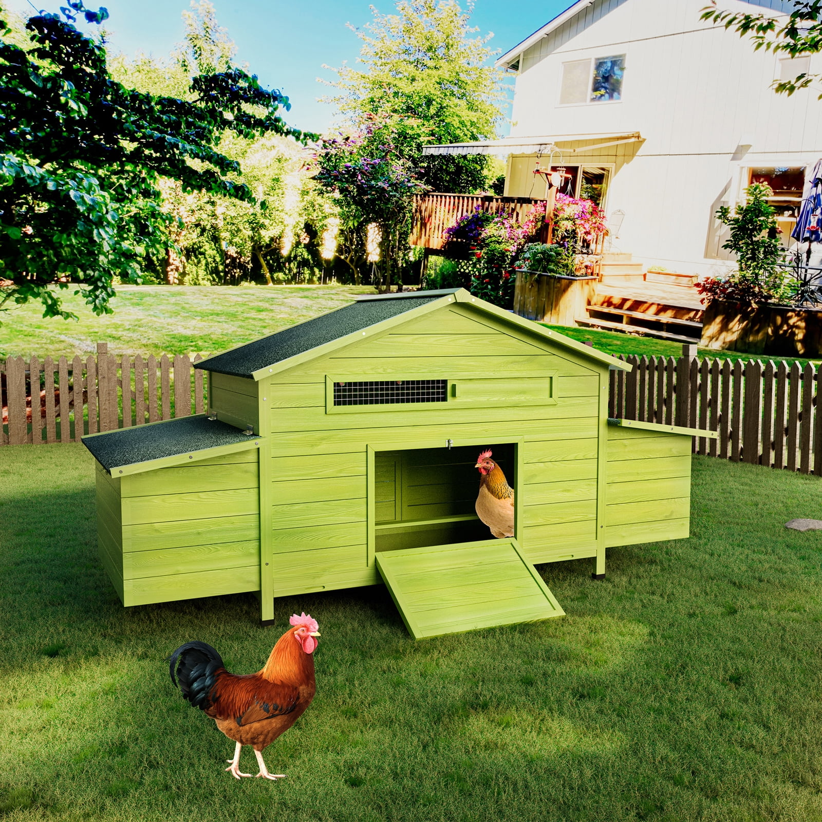 11.12 ft Large Wooden Chicken Coop with 2 Free-Range Doors, 2 Nesting Boxes & Perch, Outdoor Hen House Poultry Cage