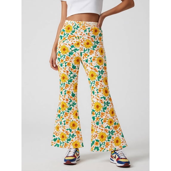 Girls Digital Print Flared Pants, Wide Leg Bell Bottom Leggings, Casual Slim Fit Kids Trousers for Teens, Spring Summer Wear