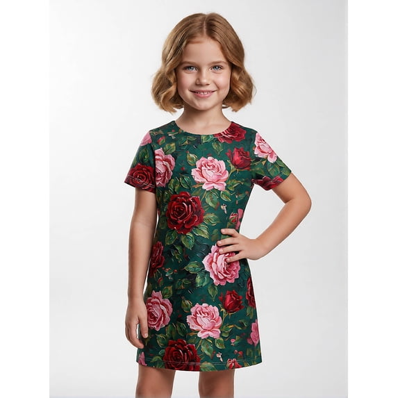 Girls Active Fashion Short Sleeve Summer Dress Comfort-Fit Crewneck Casual Dress for Girls Age 5-13