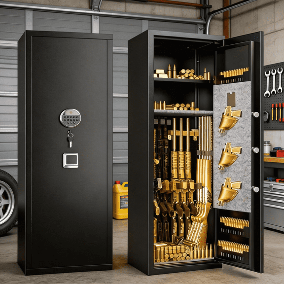 11-13 Gun Safe, 57'' Fireproof Safe, 0.1s Fingerprint Unlock Gun Safe for Rifles and Pistols, Quick Access Rifle Safe with Removable Gun Racks and Pistol Pockets, Black