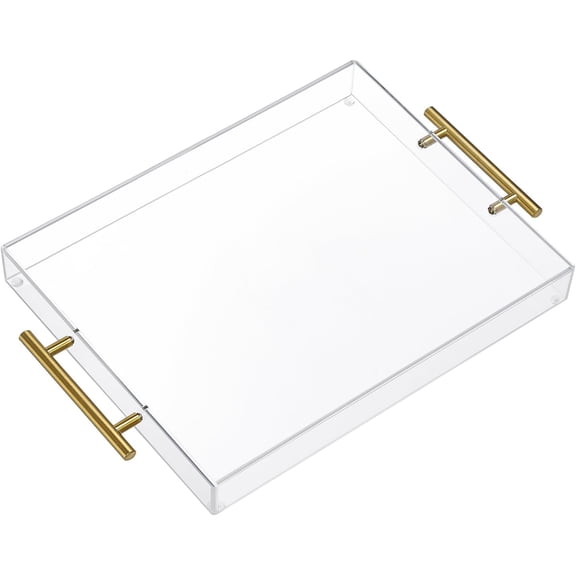 11"×14" Clear Acrylic Serving Tray with Gold Metal Handles, Heavy-Duty Large Capacity Tray for Beverages, Coffee, Juice, Kitchen Storage & Desktop Organizing