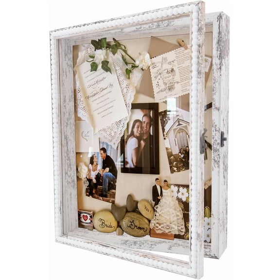 11*14 Wedding Shadow Box Display Case with Door - Deep Depth Picture Frame for Wedding Bouquet Memorabilia Medals Photos - Large White Shadow Box Frame with Unique Design Beads