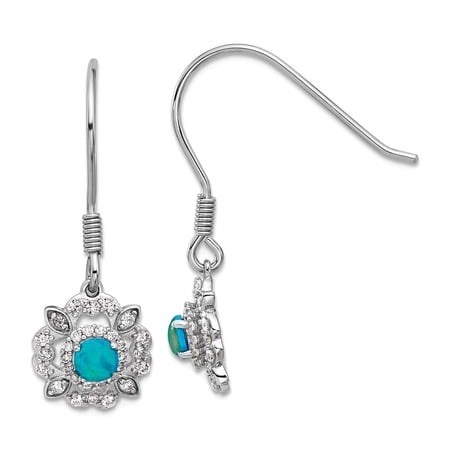 Ste. Silver Rhodium Plated Cabochon Lab Created Blue Opal Brilliant-cut CZ Shepherd Hook Long Drop Dangle Earrings 30.4x