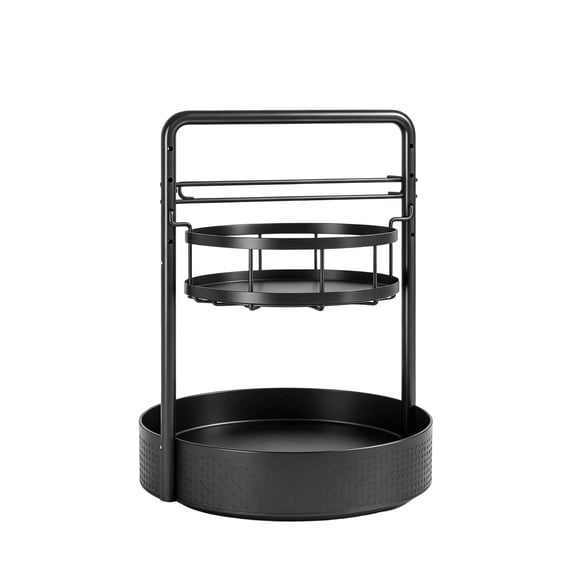 11*17.7 Inch 2-Tier Lazy Susan Organizer, Rotating Spice Rack with Paper Towel Holder, Sturdy Iron Spinning Organizer for Cabinet Kitchen Countertop Pantry, Black Seasoning Turntable for Home