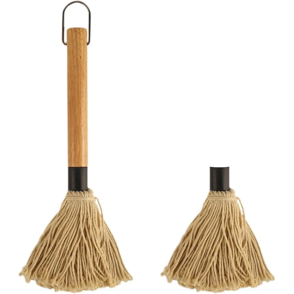 11.2 Inch BBQ Mop Brushes for Sauce, Grill Basting Mop Wooden Long Handle BBQ Mop with 1 Extra Replacement Heads for BBQ Grilling Smoking Steak
