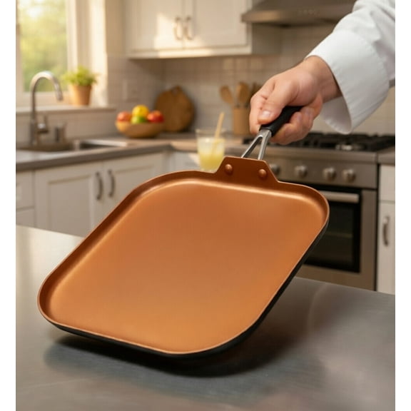 11.2 Inch Non-Stick Rectangular Griddle Pan - Heavy Duty Cast Aluminum Copper Finish, Large Flat Top Stovetop Grill Pan with Ergonomic Cool-Touch Handle