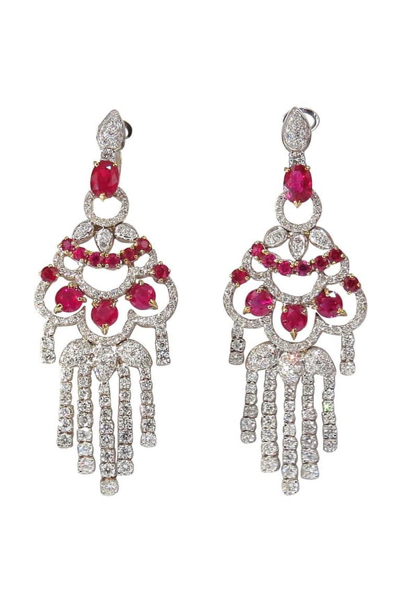 11.20ct NATURAL RED RUBY DIAMOND DANGLING CHANDELIER EARRINGS OMEGA 18KT