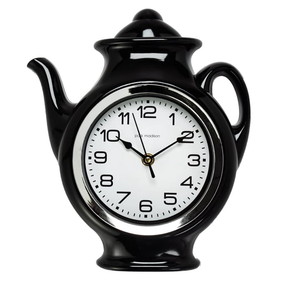 11.25 Inch Black Clock With White Face Teapot Design Battery Operated Wall Clock