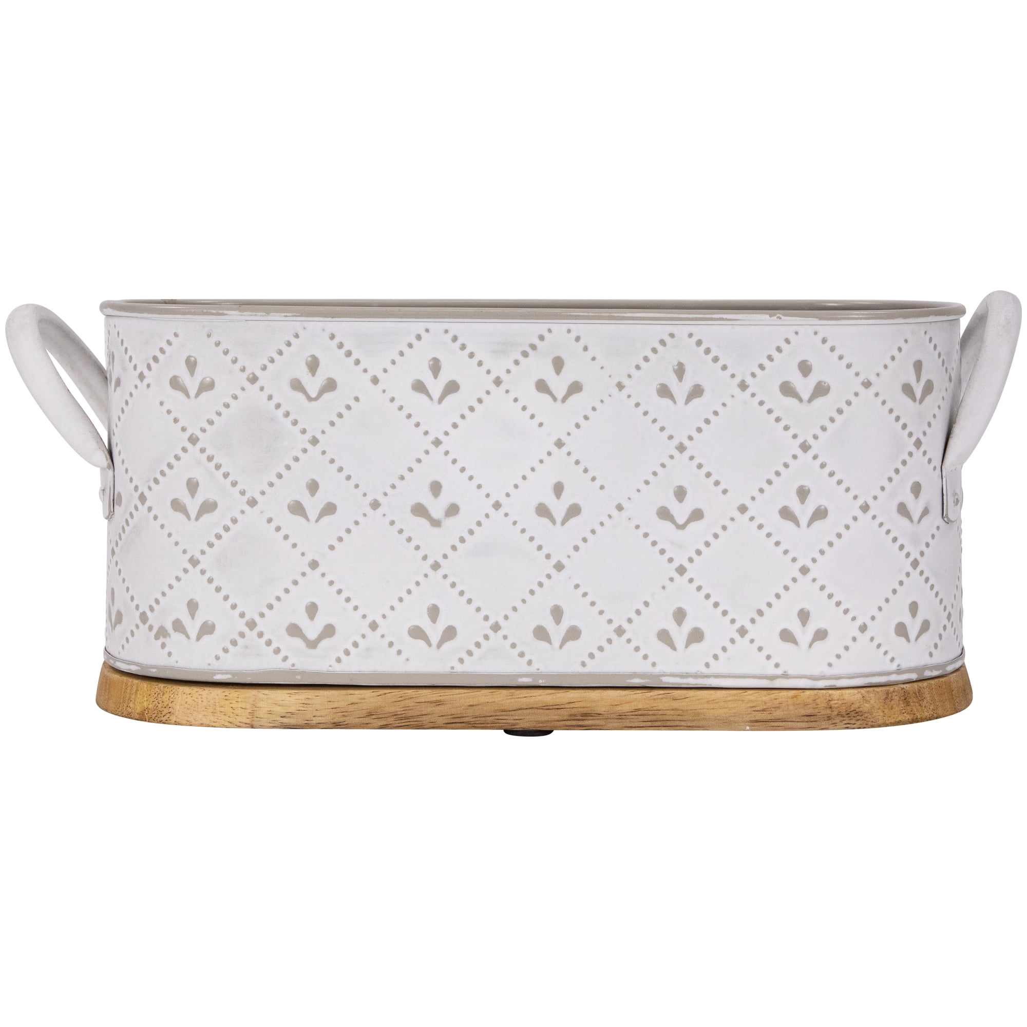 White Embossed Oval Iron Utensil Caddy with Wooden Base