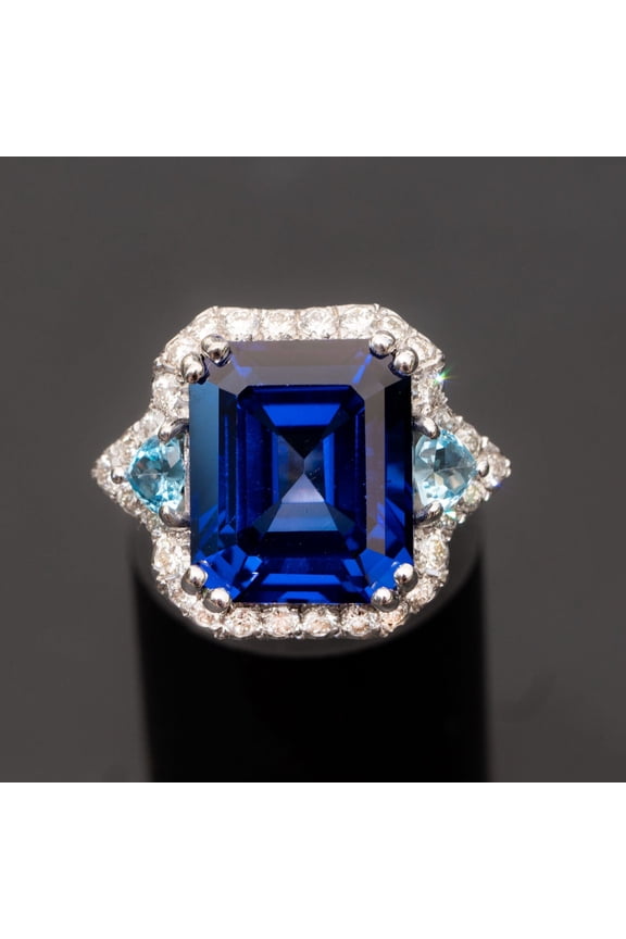 11.25 carat Lab blue sapphire ring with light blue topaz and natural diamonds, Statement sapphire ring