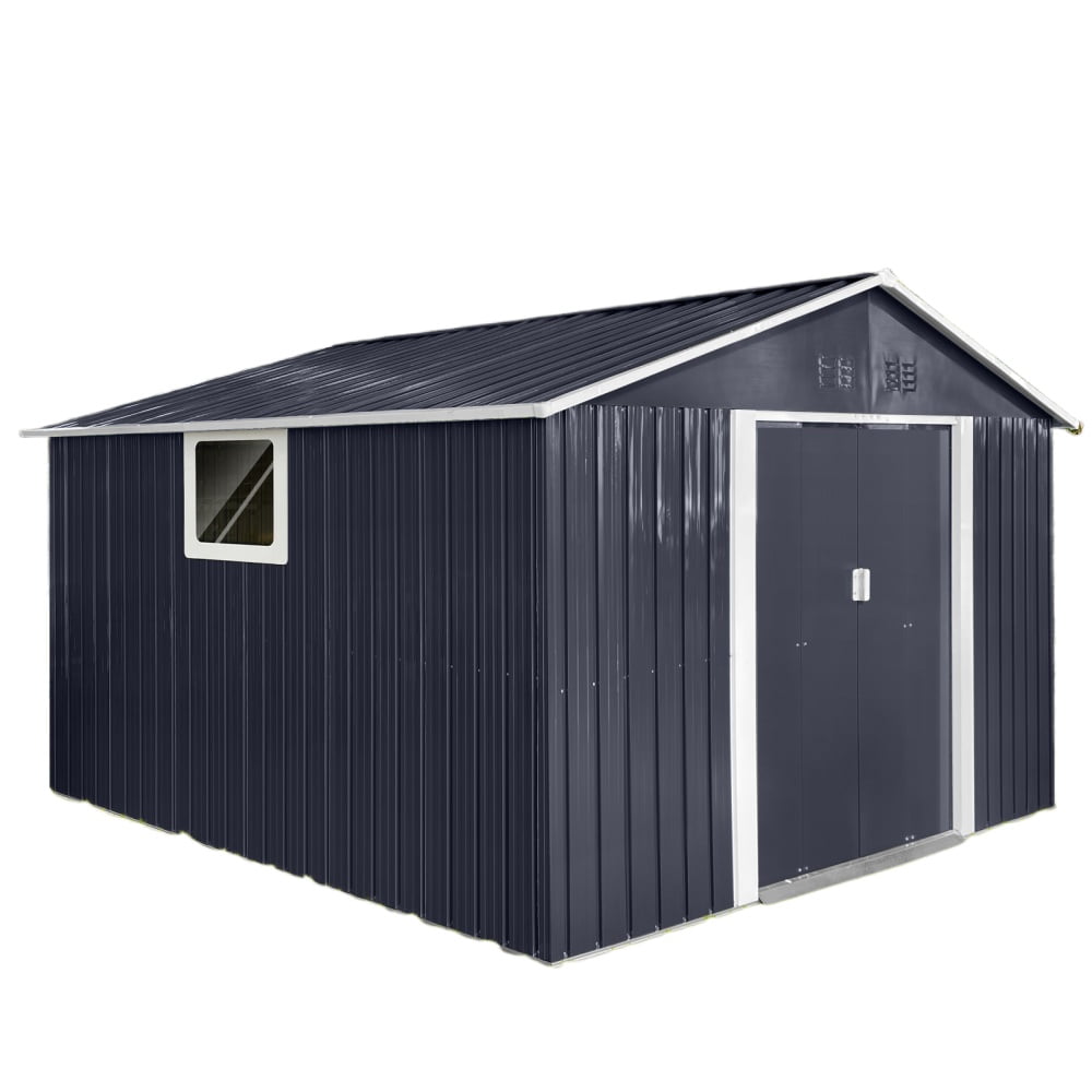 11.2ft x 10.6ft Metal Garden Shed – Grey Outdoor Storage Shed with Window for Tools and Equipment