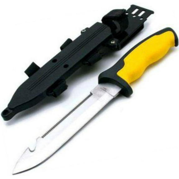 11-3/4" Divers Knife, Yellow Black Color, Thickness: 4mm, Hard Sheath, Plain Serrated Blade