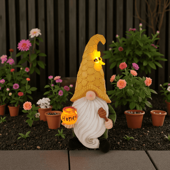 11.3" Big Solar Garden Gnomes Outdoor Decorations Bee Gnome Statue with Honey Lights for Yard,