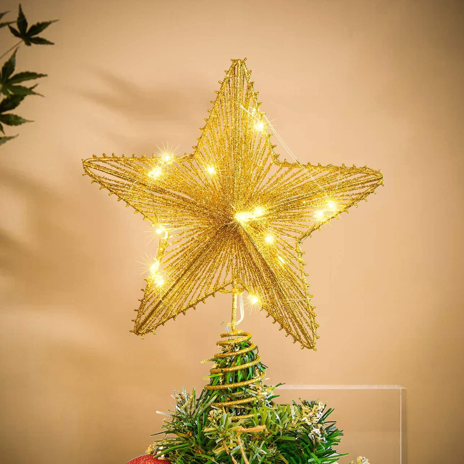 11.3 Inch Christmas Tree Topper with 15 LED Lights, Gold Lighted