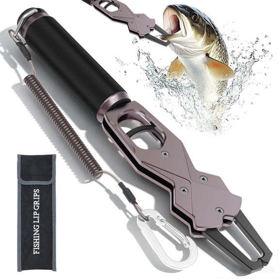 11.3 inch Aluminum Fish Lip Gripper with 33LB Scale 360° Rotating Fishing Grabber Anti-Slip EVA Handle with Retractable Lanyard Storage Bag