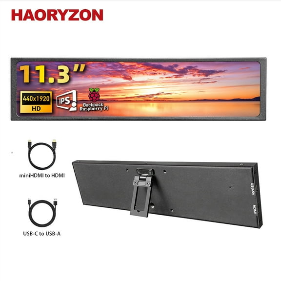 11.3-inch Portable Ultra-Wide Bar Monitor 16:4 Aspect Ratio 440x1920 IPS Display HDMI & USB-C Powered - AIDA64 Extreme Sensor Panel for PC Monitoring Raspberry Pi Projects Black