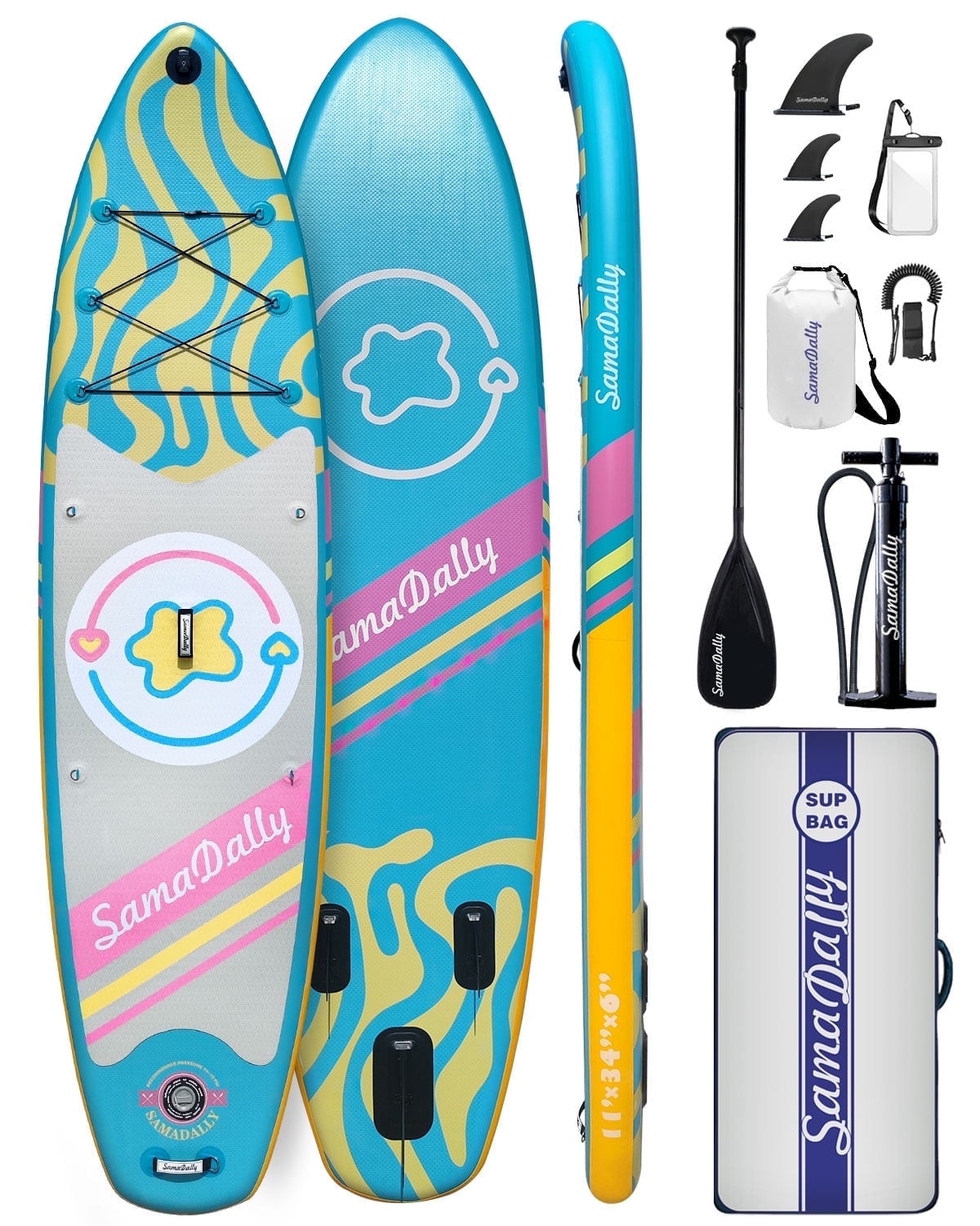 11’*34”*6” Inflatable Stand Up Paddle Board, 350lbs Capicity Paddle Board for Adult & Youth, Sup Board Kayak Non-Slip Stable Deck for Yoga, Fishing, Surfing (Bluish yellow)