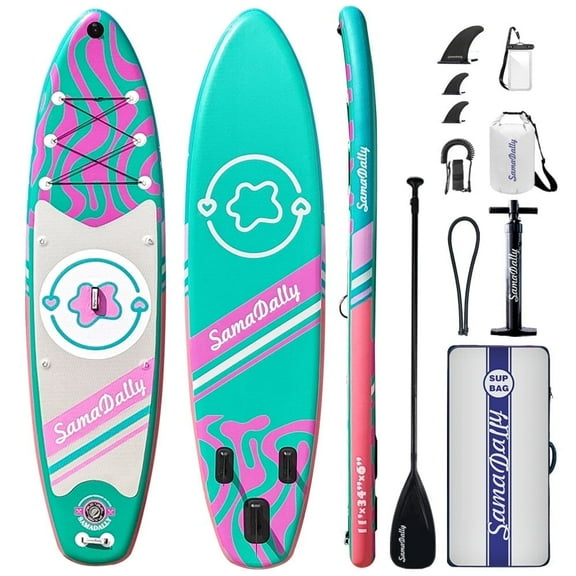 11' Stand Up Paddle Boards Surf Control with Premium SUP Board Accessories Backpack & Removable Fins, 34" Wide Inflatable Paddle Boards of All Skill Levels (Green & Pink)