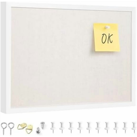 11"x14.6" inch Bulletin Board with Linen, White Wood Style Frame, with 10 Pushpins, Linen Cork Board, Ideal for School, Home & Office