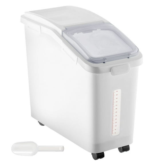 11.4 Gallon Ingredient Storage Bin with Wheels - Airtight Flour & Rice Container - 280 Cup Capacity - Commercial Prosave Shelf Bin with Scoop - White