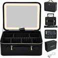 thumbnail image 1 of 11.4 Inch Extra Large Makeup Bag with LED Lighted Mirror Leather Cosmetic Train Case Light up Mirror Portable Makeup Artist Storage Bag with Dividers Makeup Brush Holder Vanity Black, 1 of 13