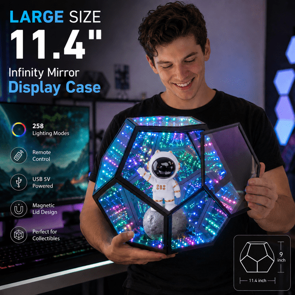 11.4" Large Infinity Mirror Light, Display Case with Magnetic Door, RGB LED Collectible Showcase, 258 Lighting Modes, App & Remote, USB Powered Display Box for Figures, Robots, Art Toys & Gaming Desk