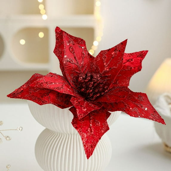 11.4" Poinsettias Artificial Christmas Flowers 8Pcs Silk Christmas Floral Picks and Sprays Large Silver Poinsettias Flowers with Clips for Xmas Tree Vase Arrangement Wreath Decor