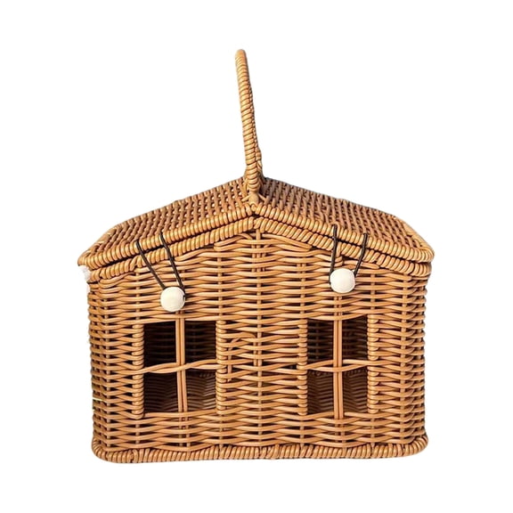 11.4" Woven House-Shaped Storage Basket with Handle and Lid - Rustic Faux Rattan Decorative Organizer Bin for Home, Picnic & Photo Props