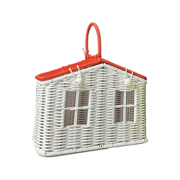 11.4" Woven House-Shaped Storage Basket with Handle and Lid - Rustic Faux Rattan Decorative Organizer Bin for Home, Picnic & Photo Props
