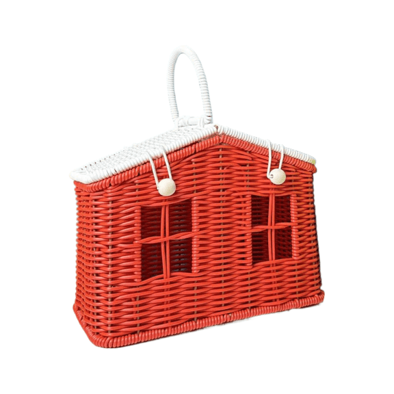 11.4" Woven House-Shaped Storage Basket with Handle and Lid - Rustic Faux Rattan Decorative Organizer Bin for Home, Picnic & Photo Props
